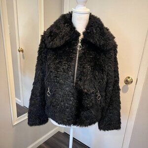 TOPSHOP Black Faux Fur Collared Bomber Jacket, Size 6